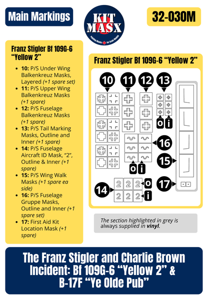The Franz Stigler and Charlie Brown Incident: Bf 109G-6 “Yellow 2” & B-17F “Ye Olde Pub” 1/32 Main Marking Paint Masks