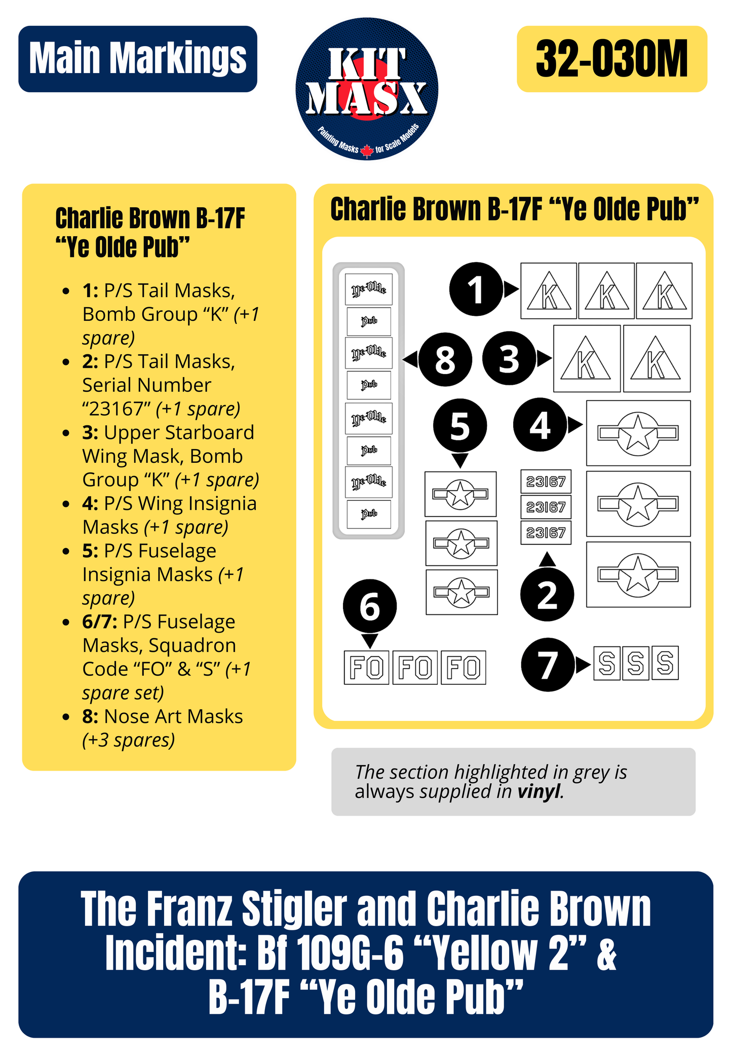 The Franz Stigler and Charlie Brown Incident: Bf 109G-6 “Yellow 2” & B-17F “Ye Olde Pub” 1/32 Main Marking Paint Masks
