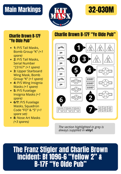 The Franz Stigler and Charlie Brown Incident: Bf 109G-6 “Yellow 2” & B-17F “Ye Olde Pub” 1/32 Main Marking Paint Masks