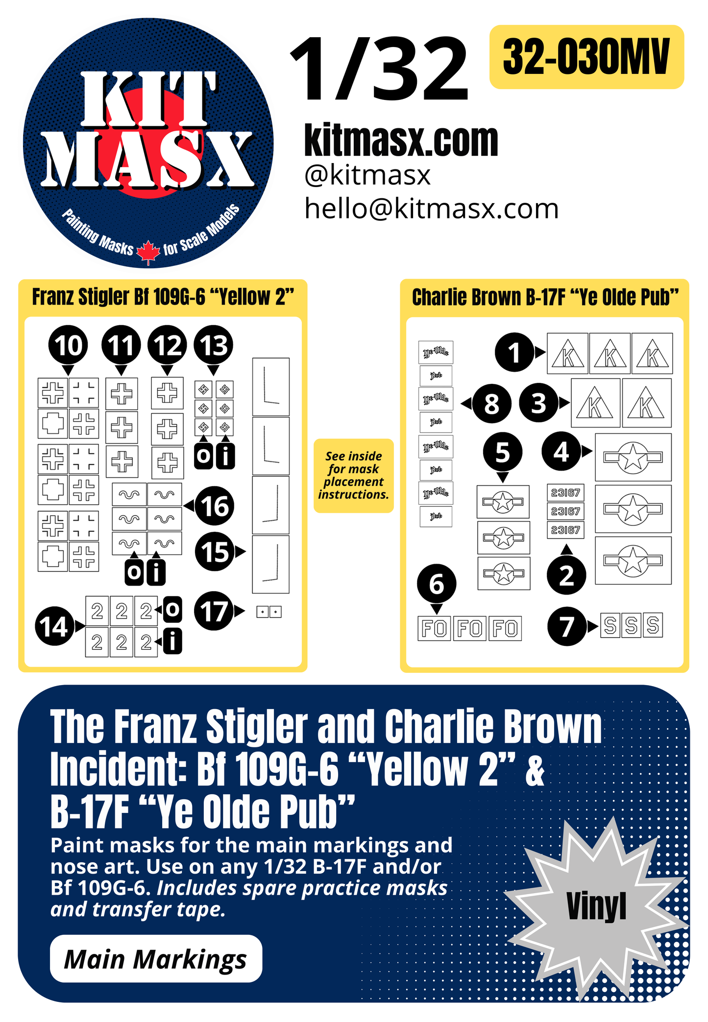 The Franz Stigler and Charlie Brown Incident: Bf 109G-6 “Yellow 2” & B-17F “Ye Olde Pub” 1/32 Main Marking Paint Masks