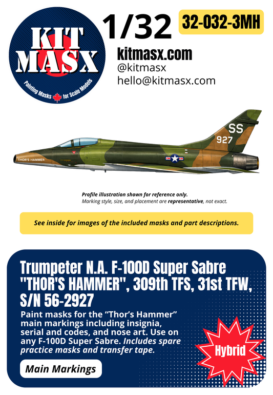 Trumpeter N.A. F-100D Super Sabre "THOR'S HAMMER", 309th TFS, 31st TFW, S/N 56-2927 1/32 Main Marking Paint Masks, Kit # 02232