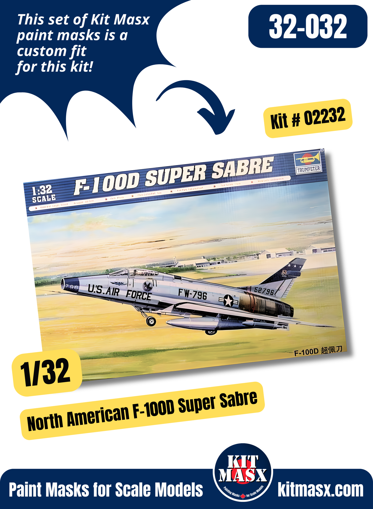 Trumpeter North American F-100C/D Super Sabre Single Seater 1/32 Canopy Paint Masks, Kit # 02232
