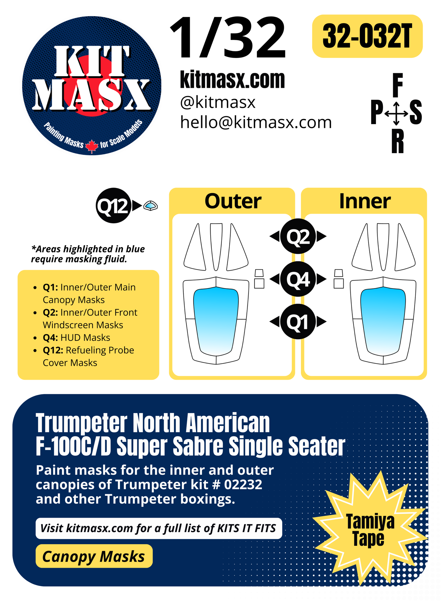 Trumpeter North American F-100C/D Super Sabre Single Seater 1/32 Canopy Paint Masks, Kit # 02232