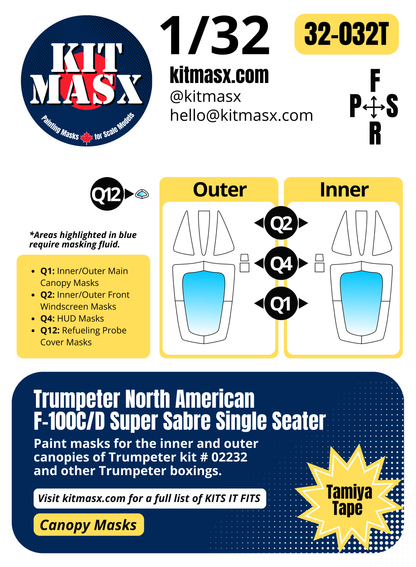 Trumpeter North American F-100C/D Super Sabre Single Seater 1/32 Canopy Paint Masks, Kit # 02232