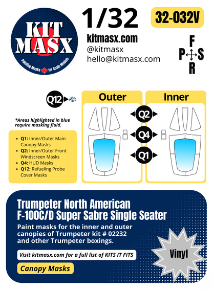 Trumpeter North American F-100C/D Super Sabre Single Seater 1/32 Canopy Paint Masks, Kit # 02232
