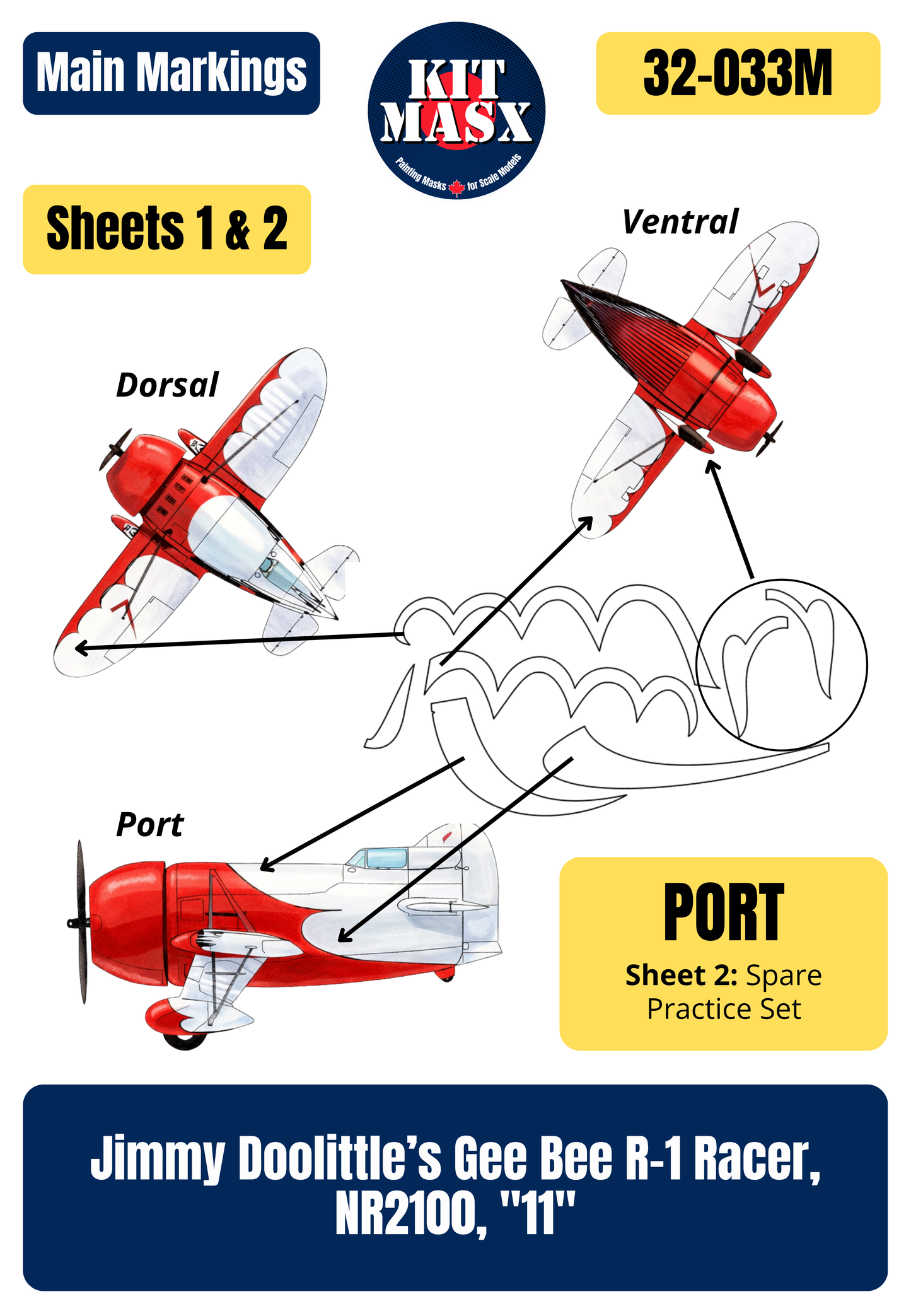 Lindberg Gee Bee R-1 Racer, Jimmy Doolittle’s NR2100 "11" + Paint Scheme 1/32 Main Marking Paint Masks, Kit # 70561