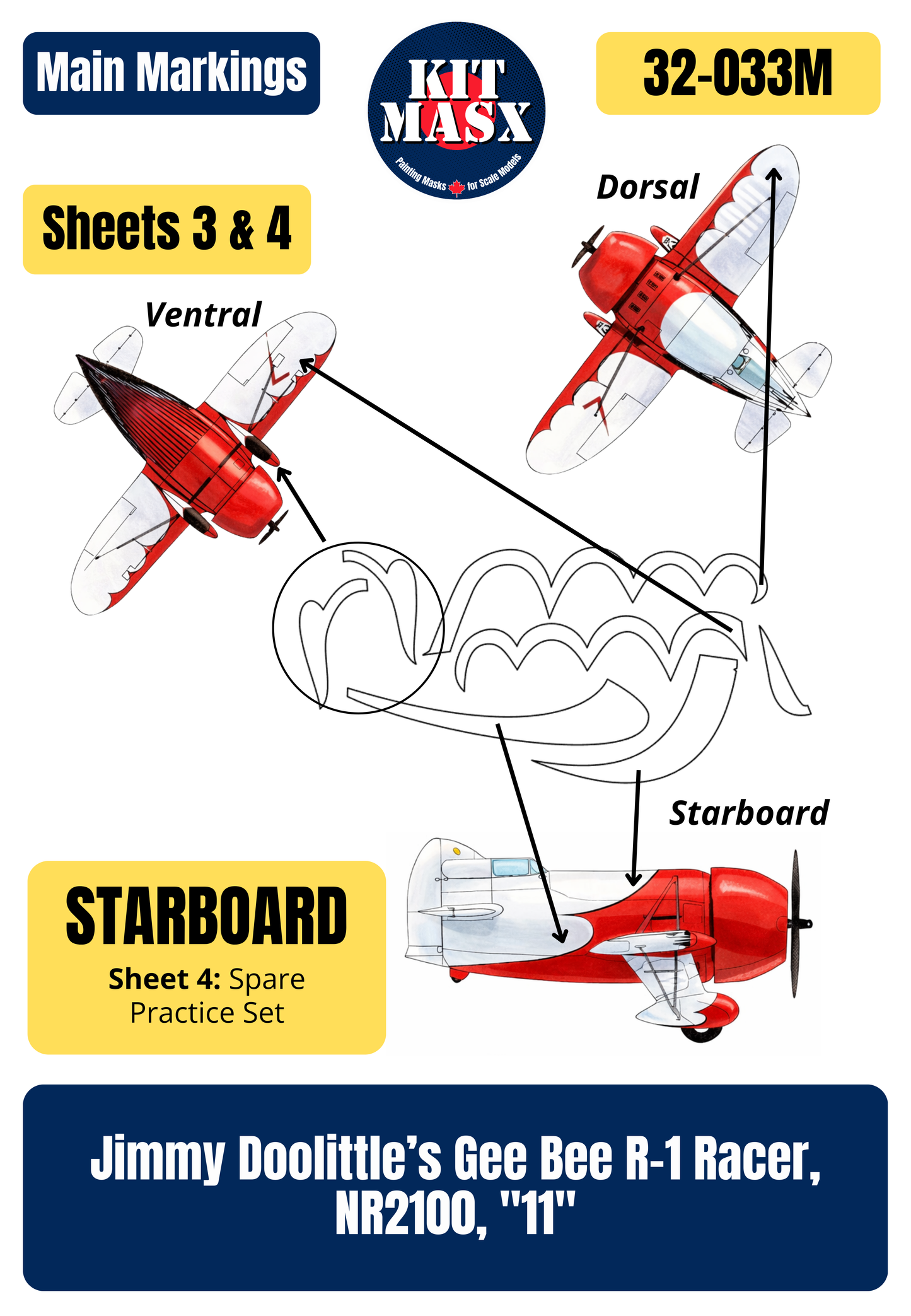 Lindberg Gee Bee R-1 Racer, Jimmy Doolittle’s NR2100 "11" + Paint Scheme 1/32 Main Marking Paint Masks, Kit # 70561