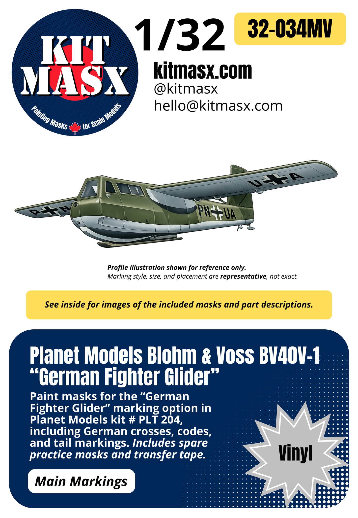 Planet Models Blohm & Voss BV40V-1 “German Fighter Glider” 1/32 Main Marking Paint Masks, Kit # PLT204