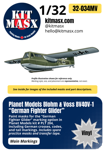 Planet Models Blohm & Voss BV40V-1 “German Fighter Glider” 1/32 Main Marking Paint Masks, Kit # PLT204