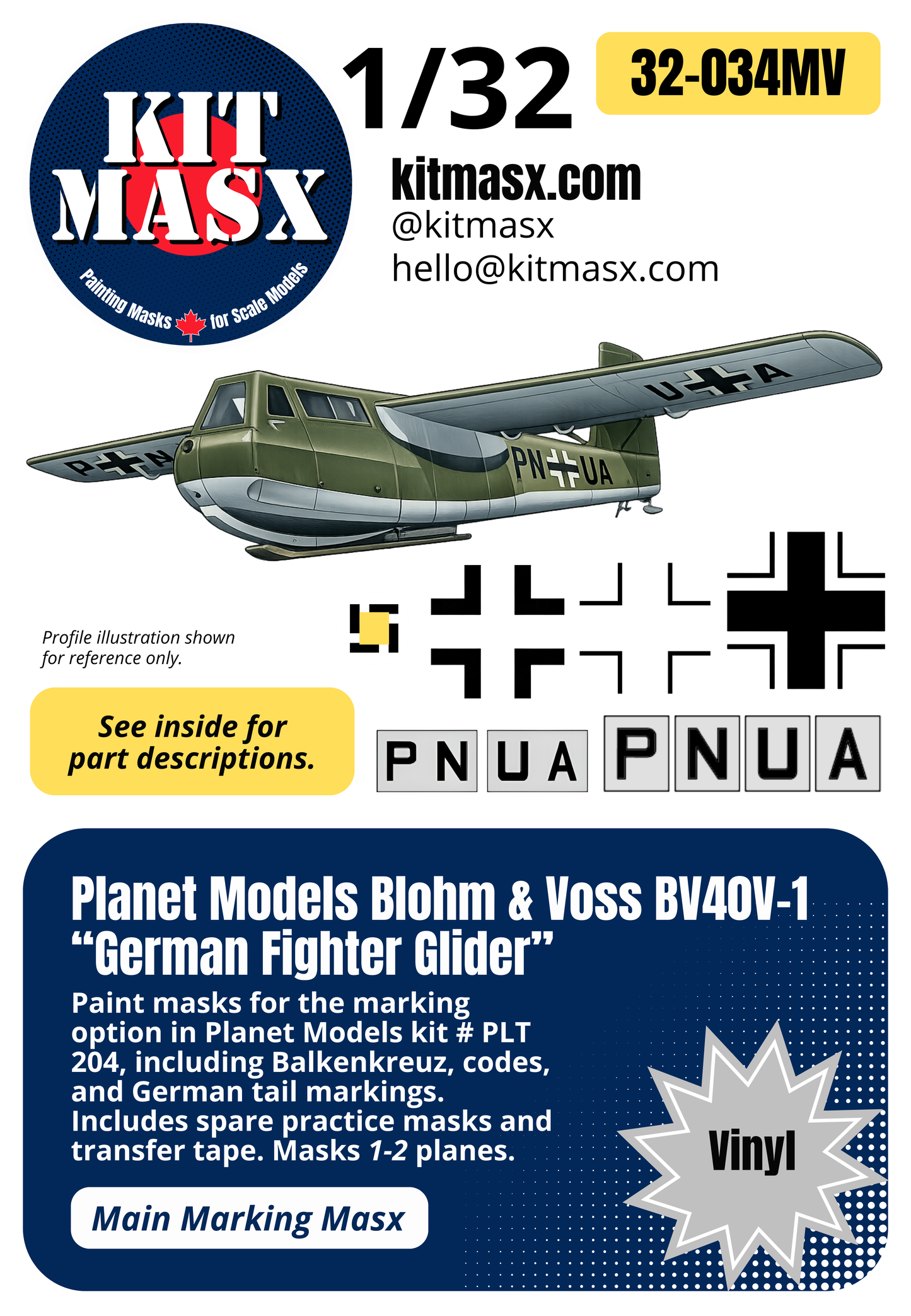 Planet Models Blohm & Voss BV40V-1 “German Fighter Glider” 1/32 Main Marking Paint Masks, Kit # PLT204 (32034M)