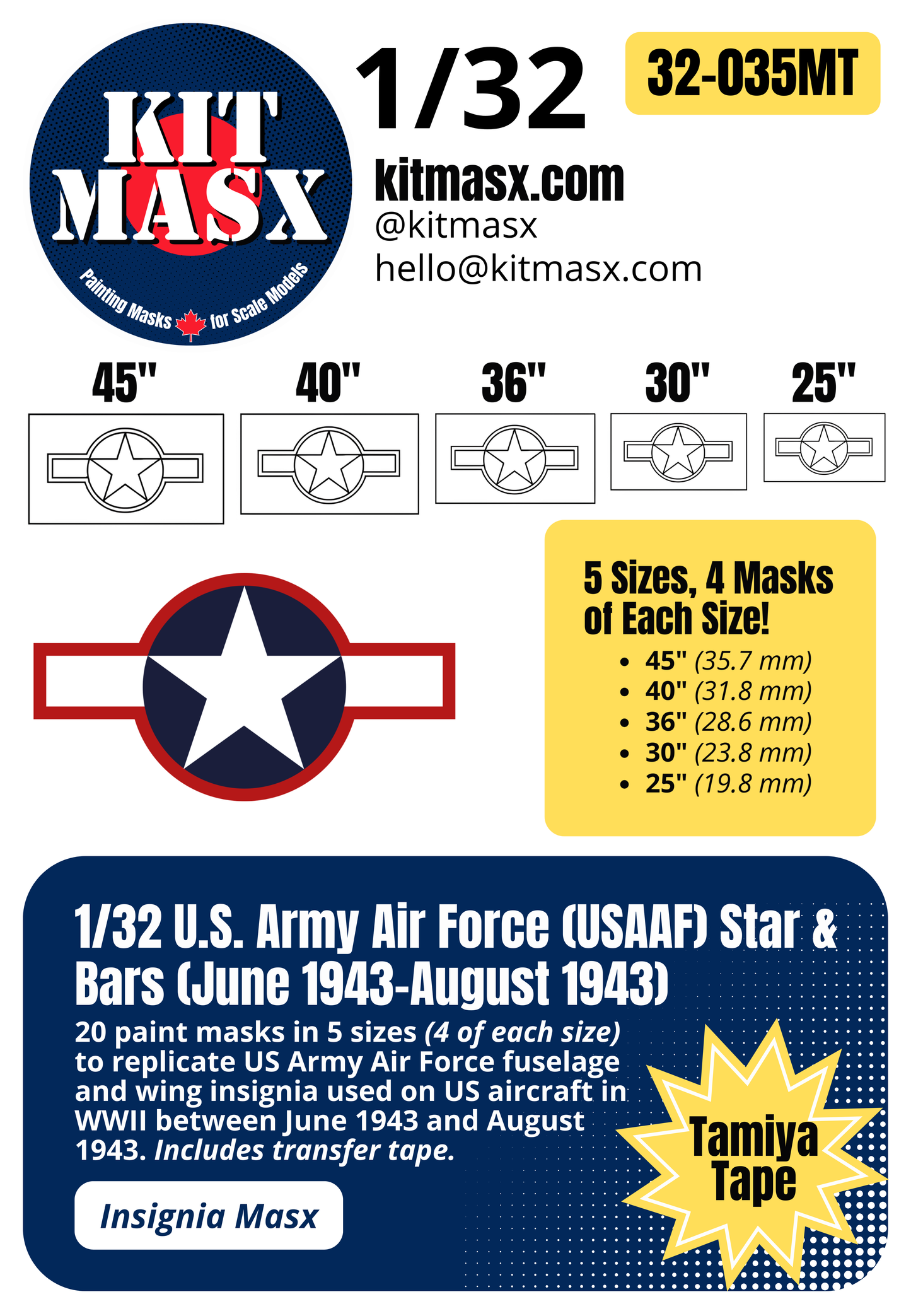 U.S. Army Air Force (USAAF) Star and Bars w/ Red Outline (June 1943-August 1943) 1/32 National Insignia Paint Masks