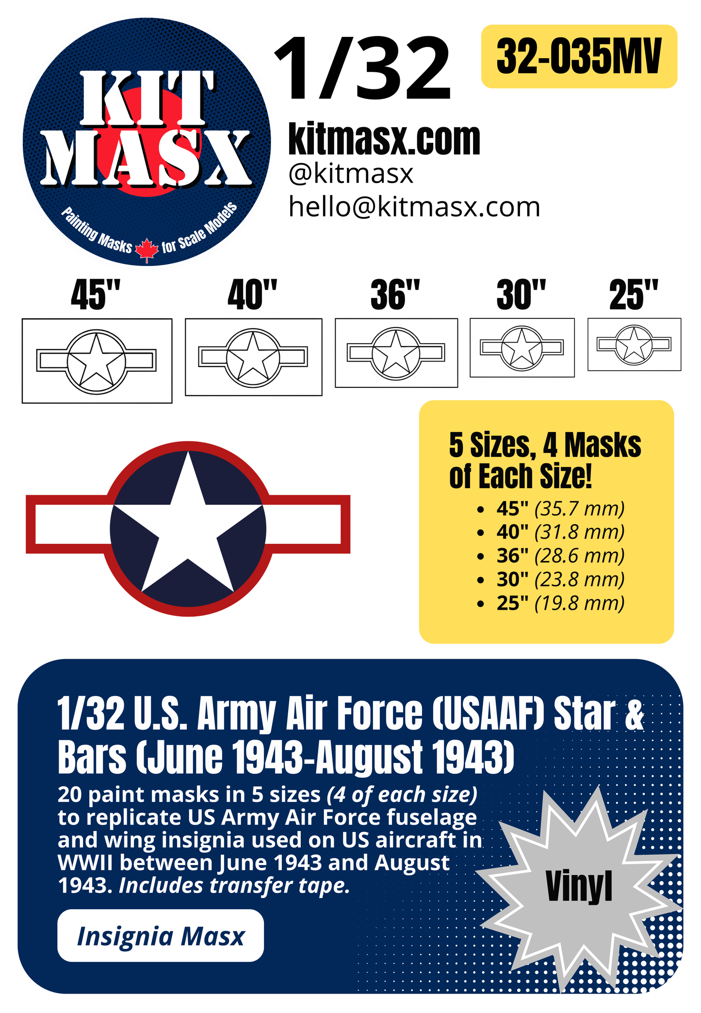 U.S. Army Air Force (USAAF) Star and Bars w/ Red Outline (June 1943-August 1943) 1/32 National Insignia Paint Masks