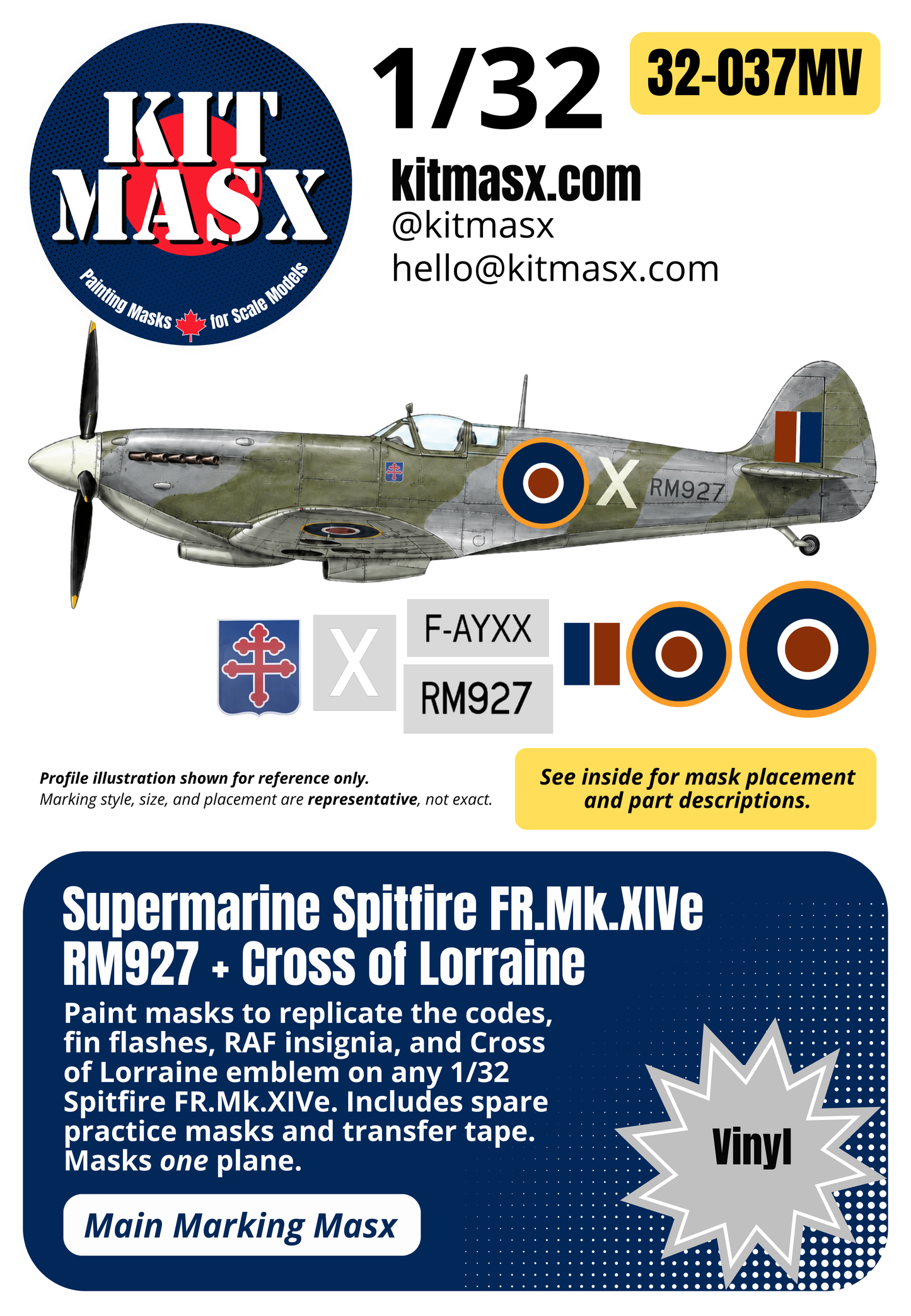 Supermarine Spitfire FR.Mk.XIVe RM927 + Cross of Lorraine 1/32 Main Marking Paint Masks (32037M)