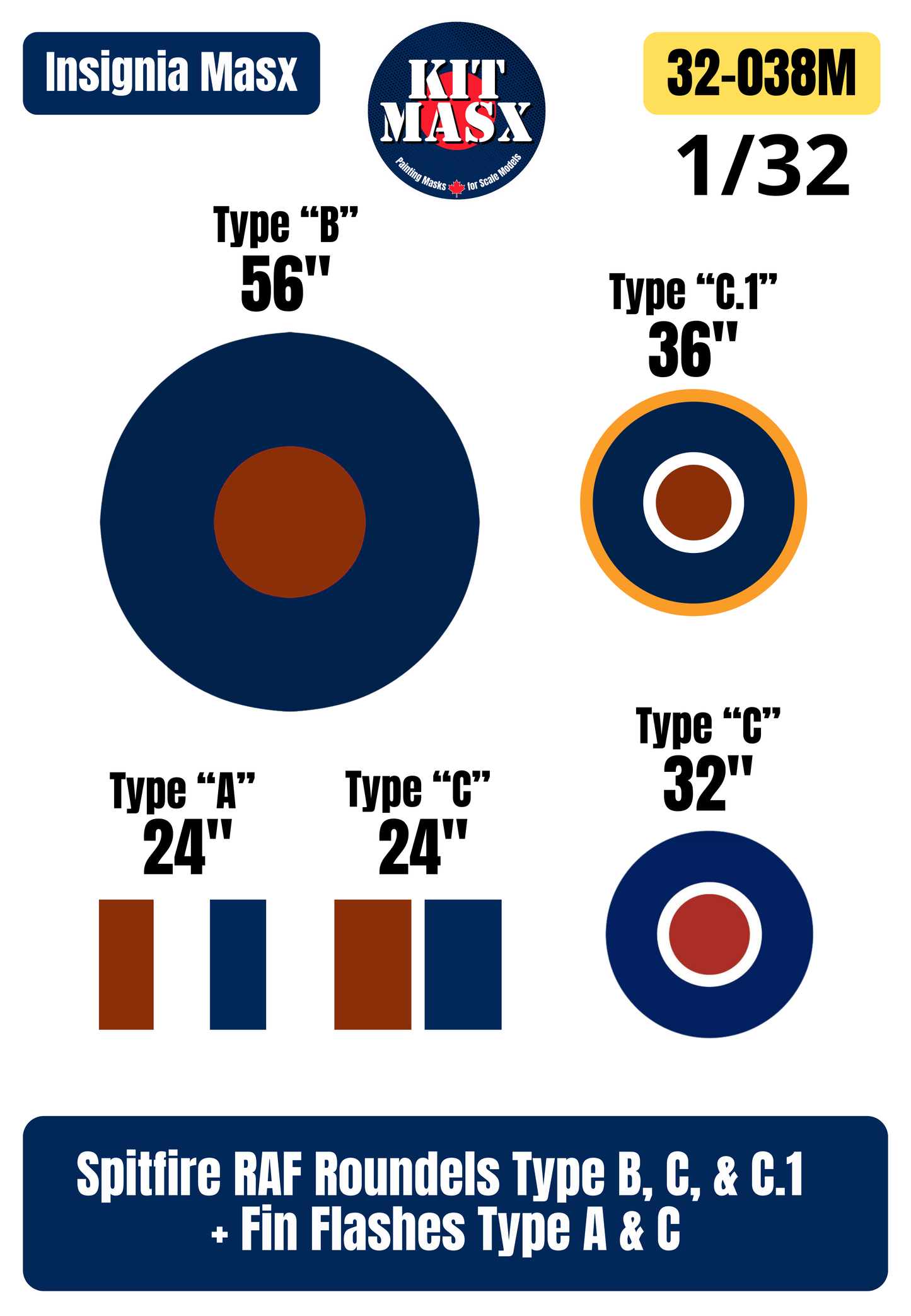 Spitfire RAF Roundels Type B, C, & C.1 + Fin Flashes Type A & C 1/32 National Insignia Paint Masks (32038M)