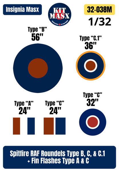 Spitfire RAF Roundels Type B, C, & C.1 + Fin Flashes Type A & C 1/32 National Insignia Paint Masks (32038M)