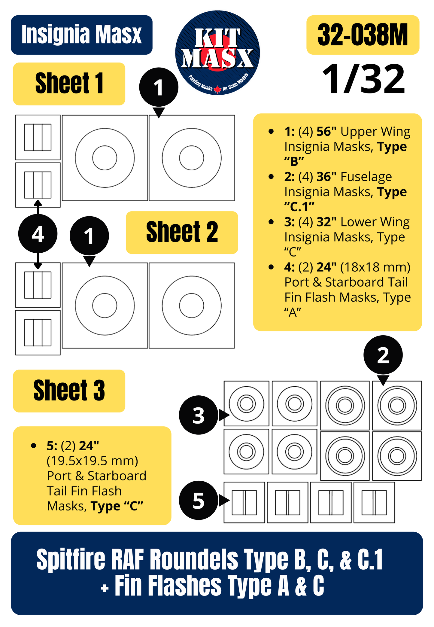 Spitfire RAF Roundels Type B, C, & C.1 + Fin Flashes Type A & C 1/32 National Insignia Paint Masks (32038M)