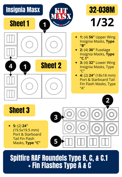 Spitfire RAF Roundels Type B, C, & C.1 + Fin Flashes Type A & C 1/32 National Insignia Paint Masks (32038M)
