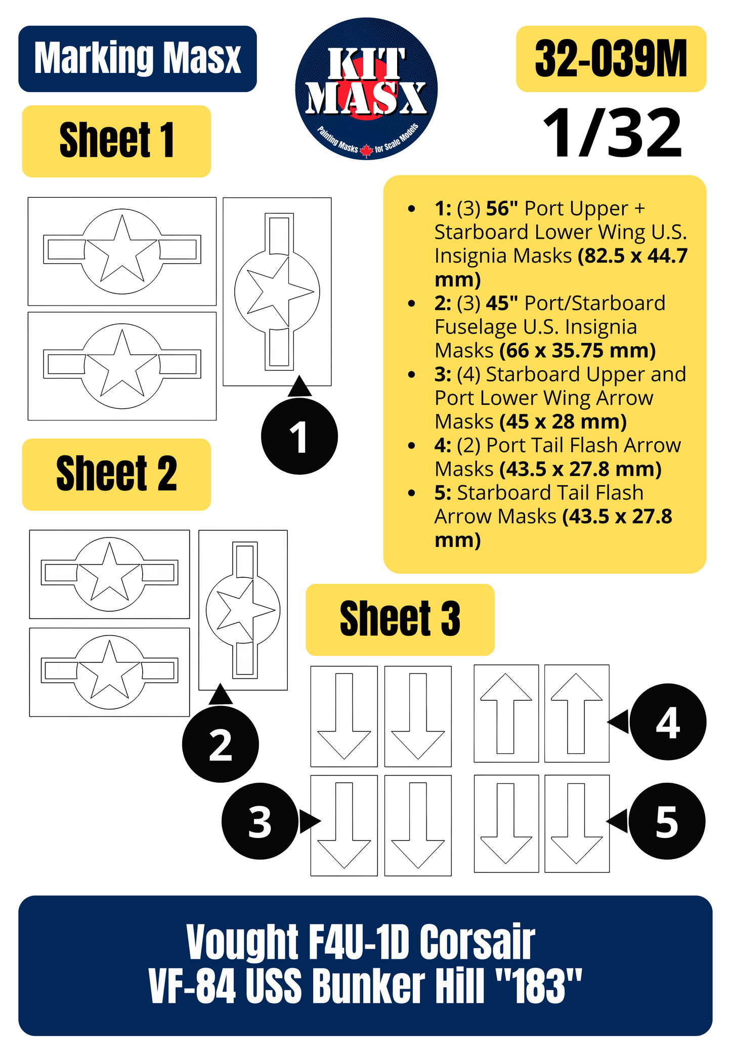 Tamiya Vought F4U-1D Corsair VF-84 USS Bunker Hill "183" 1/32 Main Marking Paint Masks (32039M)