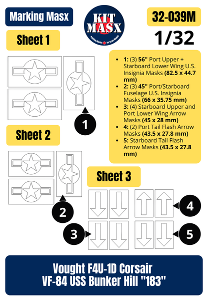 Tamiya Vought F4U-1D Corsair VF-84 USS Bunker Hill "183" 1/32 Main Marking Paint Masks (32039M)