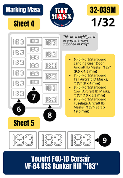 Tamiya Vought F4U-1D Corsair VF-84 USS Bunker Hill "183" 1/32 Main Marking Paint Masks (32039M)
