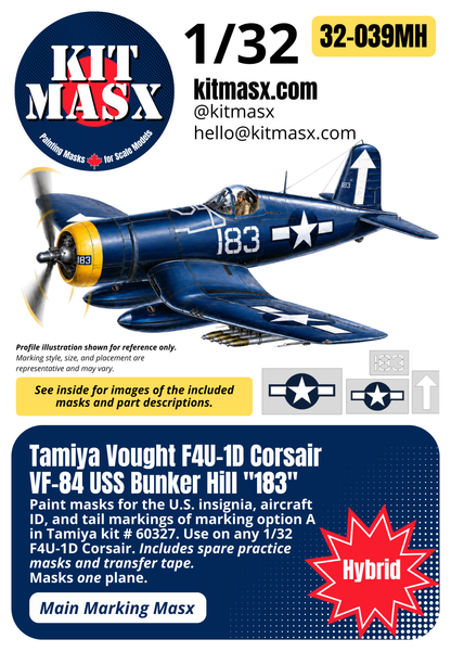 Tamiya Vought F4U-1D Corsair VF-84 USS Bunker Hill "183" 1/32 Main Marking Paint Masks (32039M)
