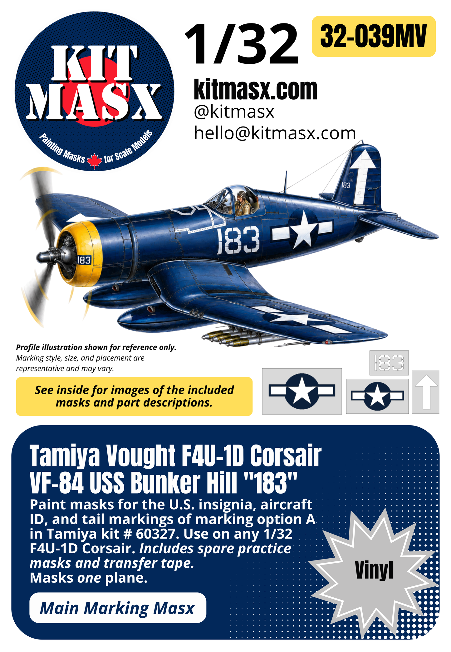 Tamiya Vought F4U-1D Corsair VF-84 USS Bunker Hill "183" 1/32 Main Marking Paint Masks (32039M)