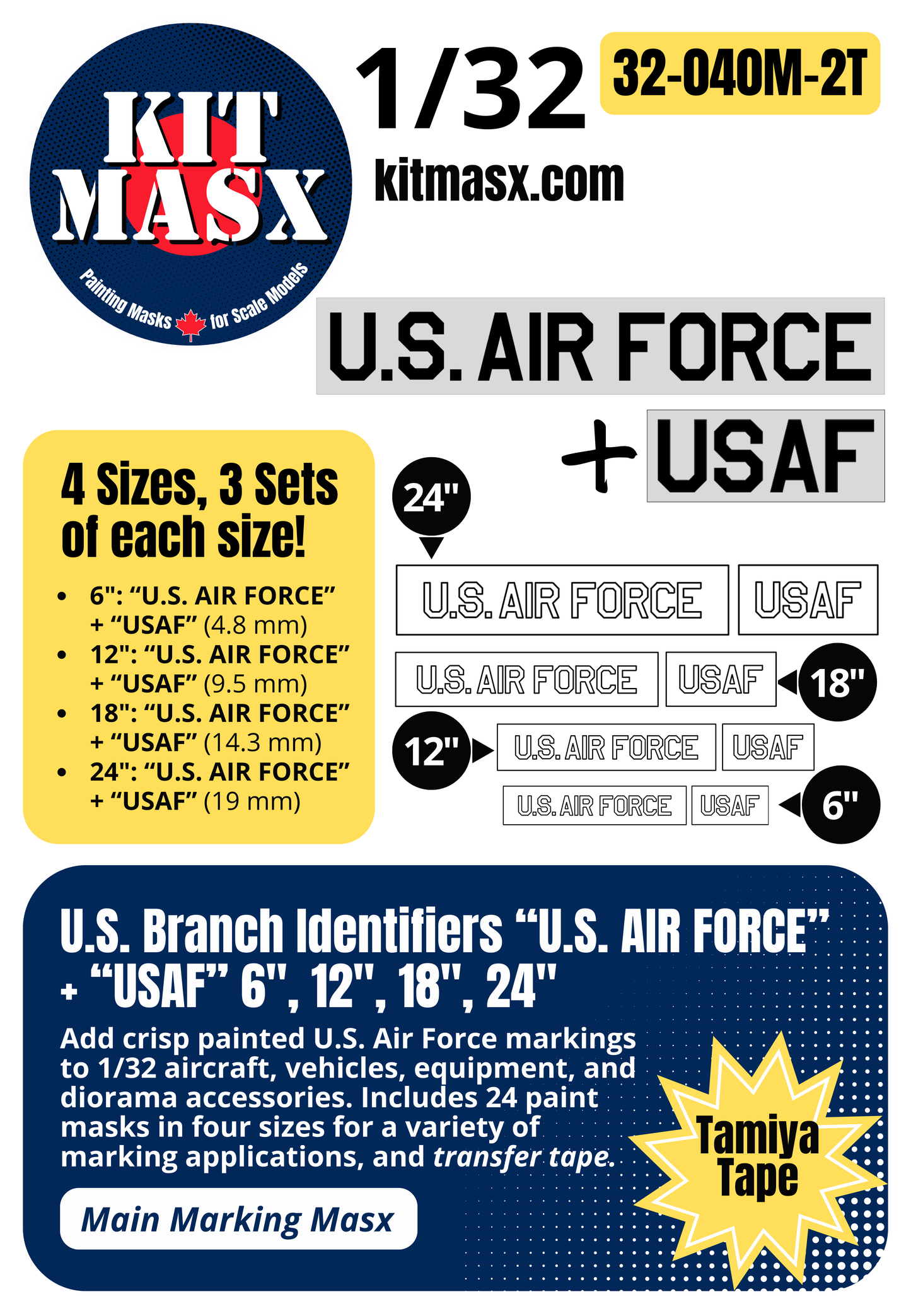 U.S. Branch Identifiers "U.S. AIR FORCE" + "USAF" 6-inch, 12-inch, 18-inch, 24-inch 1/32 Main Marking Paint Masks (32040M2)