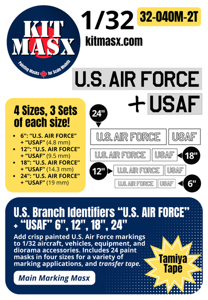 U.S. Branch Identifiers "U.S. AIR FORCE" + "USAF" 6-inch, 12-inch, 18-inch, 24-inch 1/32 Main Marking Paint Masks (32040M2)