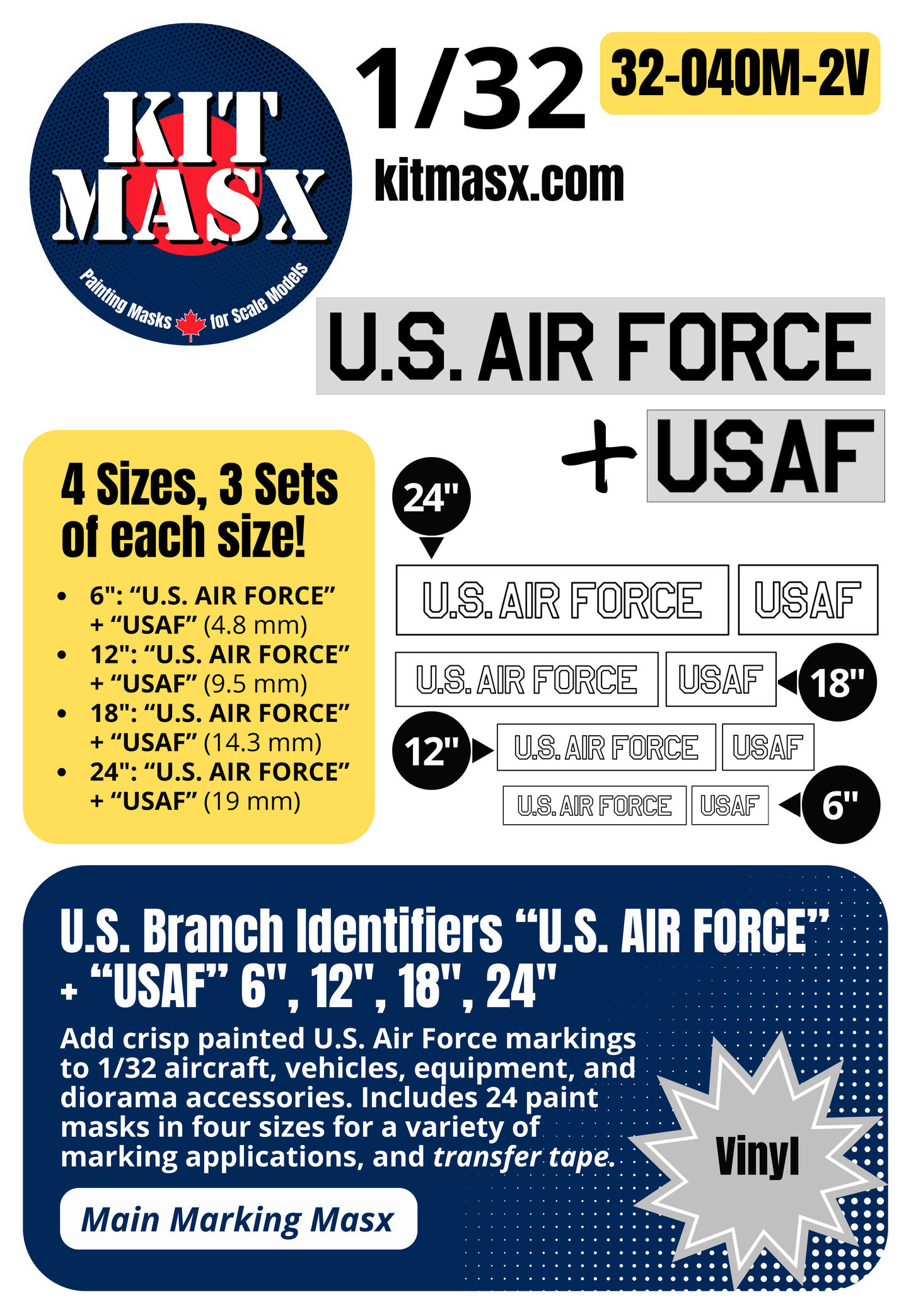 U.S. Branch Identifiers "U.S. AIR FORCE" + "USAF" 6-inch, 12-inch, 18-inch, 24-inch 1/32 Main Marking Paint Masks (32040M2)