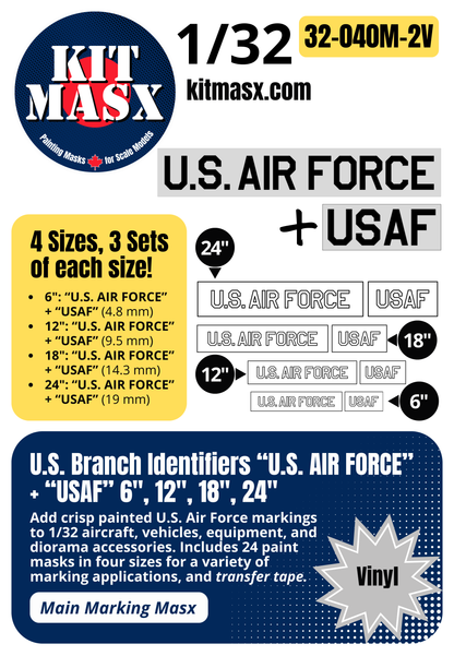 U.S. Branch Identifiers "U.S. AIR FORCE" + "USAF" 6-inch, 12-inch, 18-inch, 24-inch 1/32 Main Marking Paint Masks (32040M2)