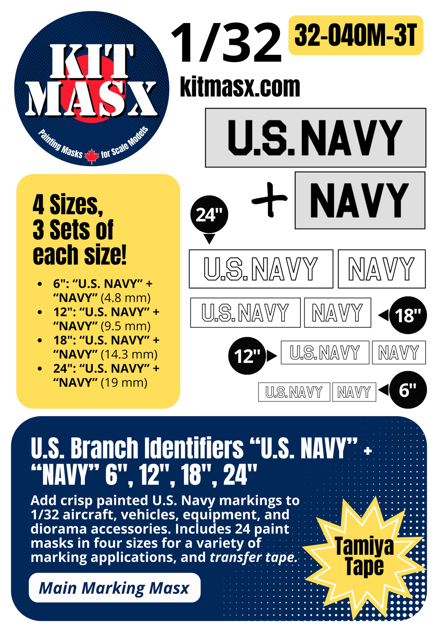 U.S. Branch Identifiers "U.S. NAVY" + "NAVY" 6-inch, 12-inch, 18-inch, 24-inch 1/32 Main Marking Paint Masks (32040M3)