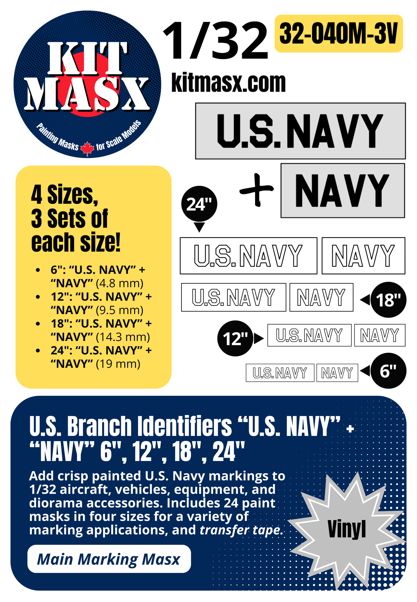U.S. Branch Identifiers "U.S. NAVY" + "NAVY" 6-inch, 12-inch, 18-inch, 24-inch 1/32 Main Marking Paint Masks (32040M3)