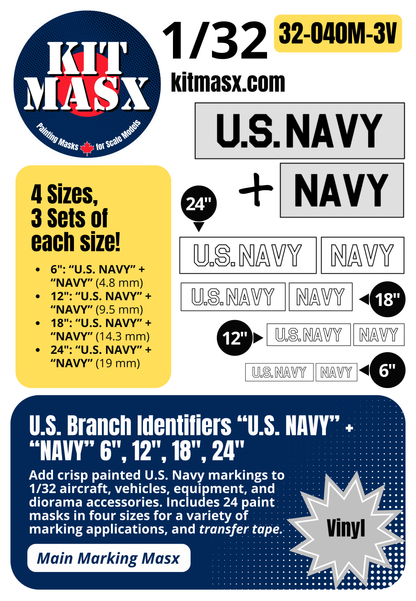U.S. Branch Identifiers "U.S. NAVY" + "NAVY" 6-inch, 12-inch, 18-inch, 24-inch 1/32 Main Marking Paint Masks (32040M3)