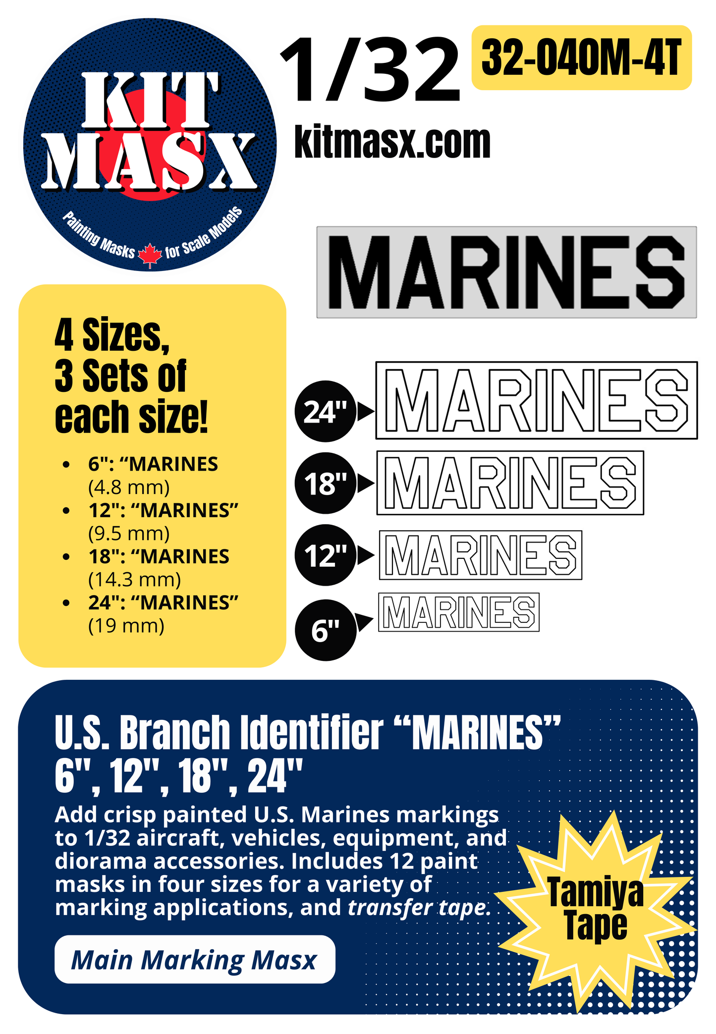 U.S. Branch Identifier "MARINES" 6-inch, 12-inch, 18-inch, 24-inch 1/32 Main Marking Paint Masks (32040M4)