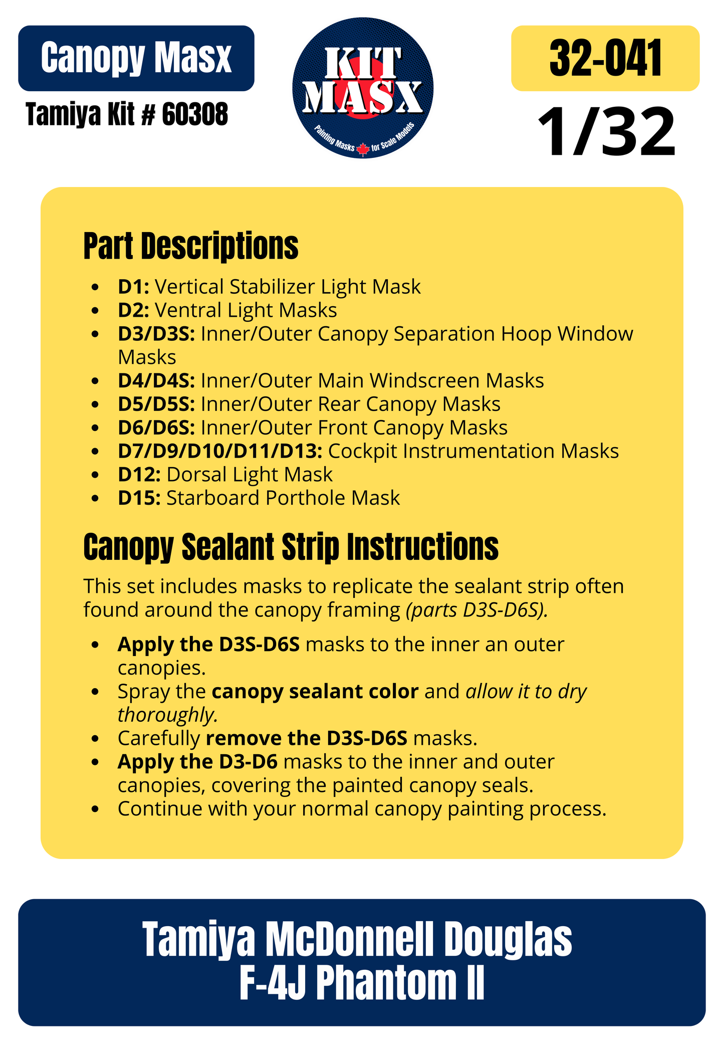 Tamiya McDonnell Douglas F-4J Phantom II 1/32 Canopy Paint Masks, Kit # 60308 (32041)