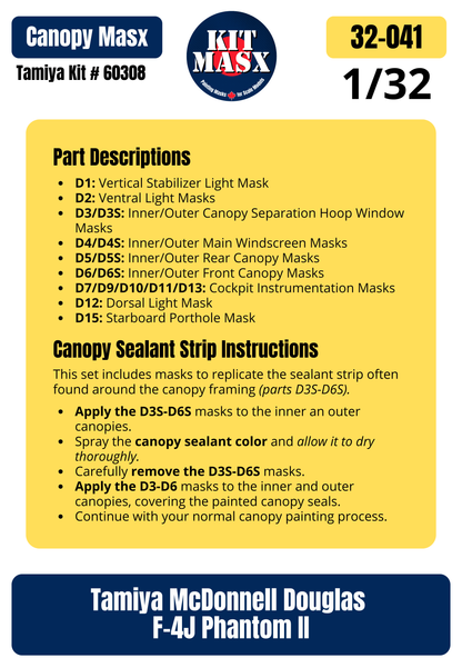 Tamiya McDonnell Douglas F-4J Phantom II 1/32 Canopy Paint Masks, Kit # 60308 (32041)