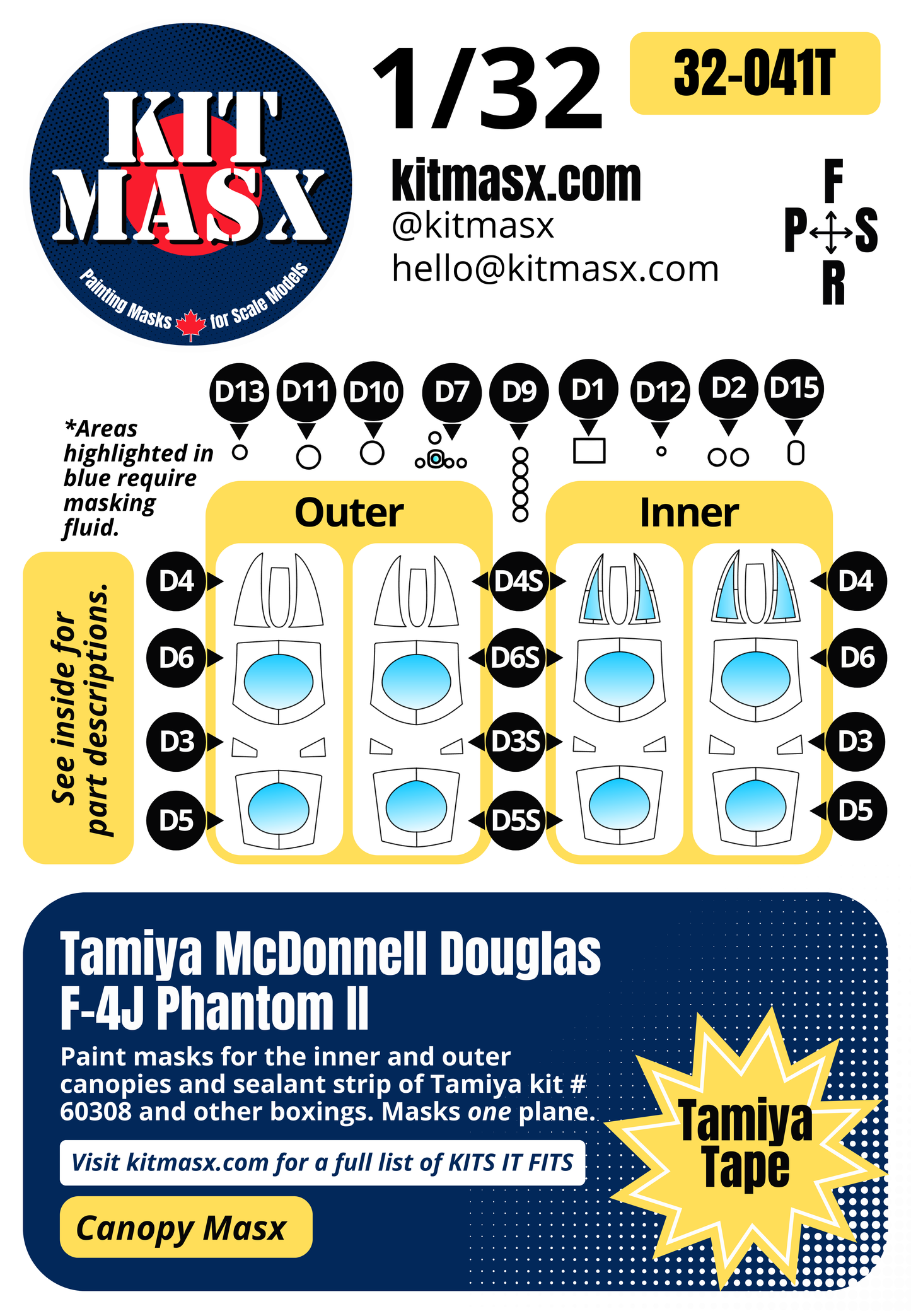 Tamiya McDonnell Douglas F-4J Phantom II 1/32 Canopy Paint Masks, Kit # 60308 (32041)