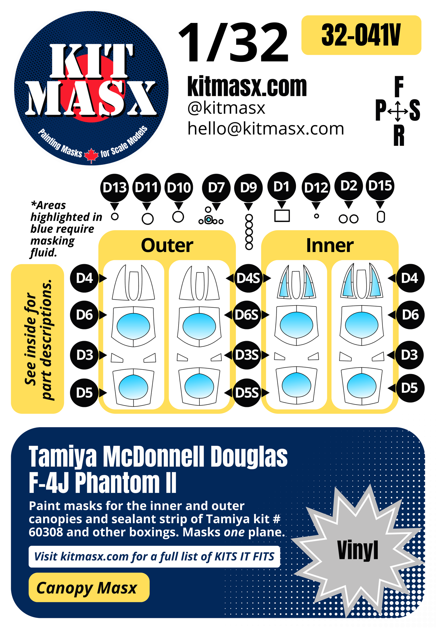 Tamiya McDonnell Douglas F-4J Phantom II 1/32 Canopy Paint Masks, Kit # 60308 (32041)