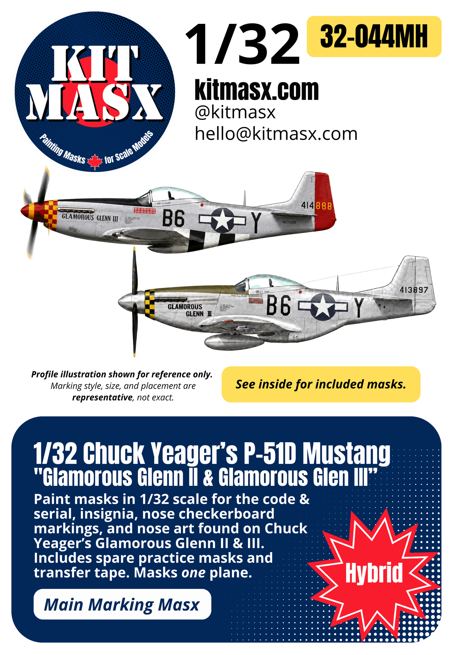 Chuck Yeager’s P-51D Mustang "Glamorous Glenn II" & "Glamorous Glen III" 1/32 Main Marking Paint Masks (32044M)