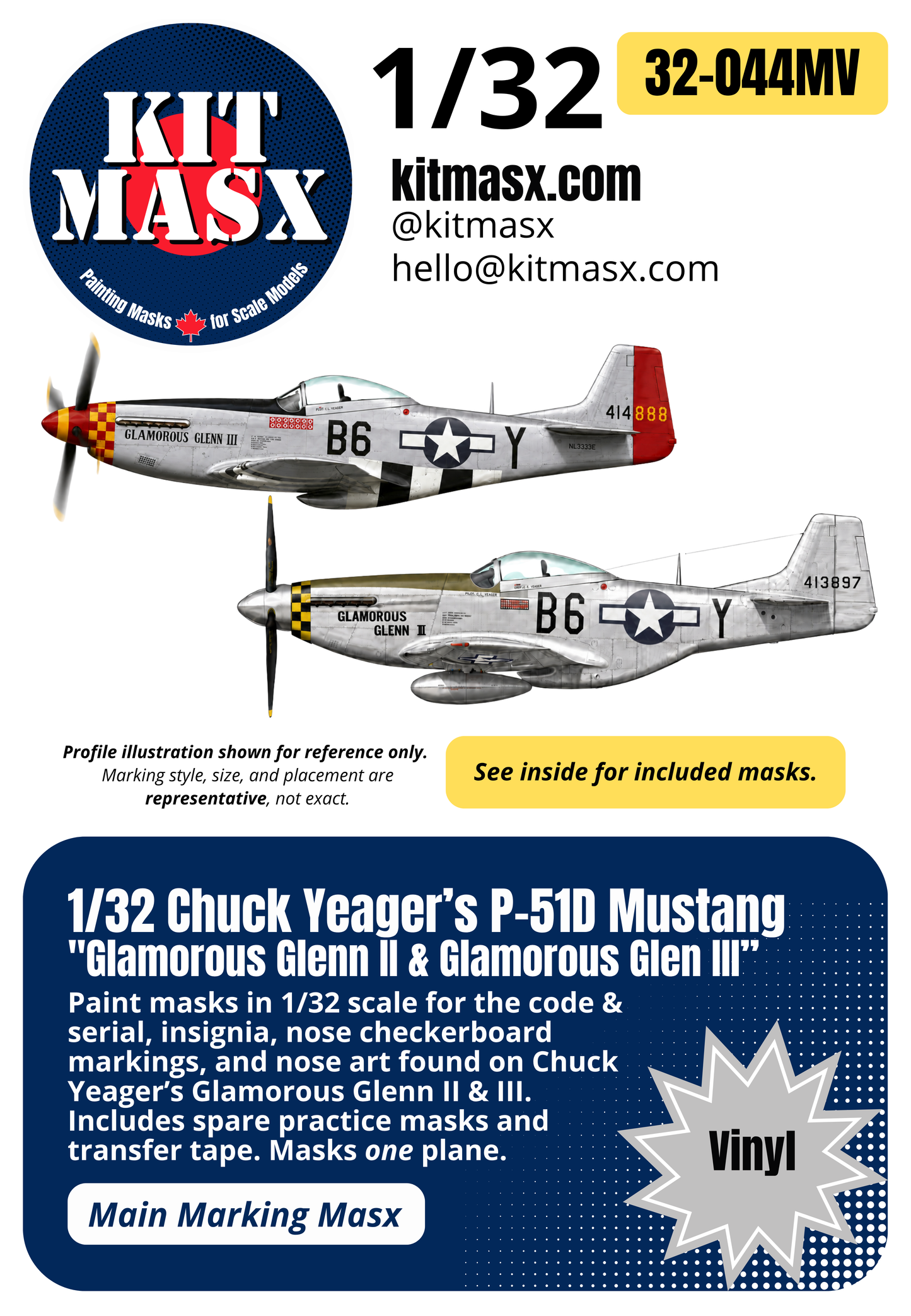 Chuck Yeager’s P-51D Mustang "Glamorous Glenn II" & "Glamorous Glen III" 1/32 Main Marking Paint Masks (32044M)