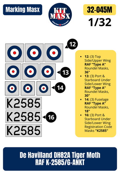 De Havilland DH82A Tiger Moth RAF K-2585/G-ANKT 1/32 Main Marking Paint Masks (32045M)