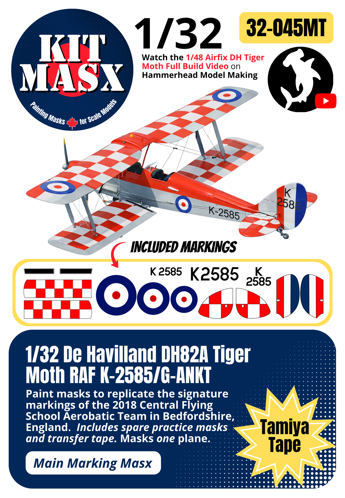 De Havilland DH82A Tiger Moth RAF K-2585/G-ANKT 1/32 Main Marking Paint Masks (32045M)