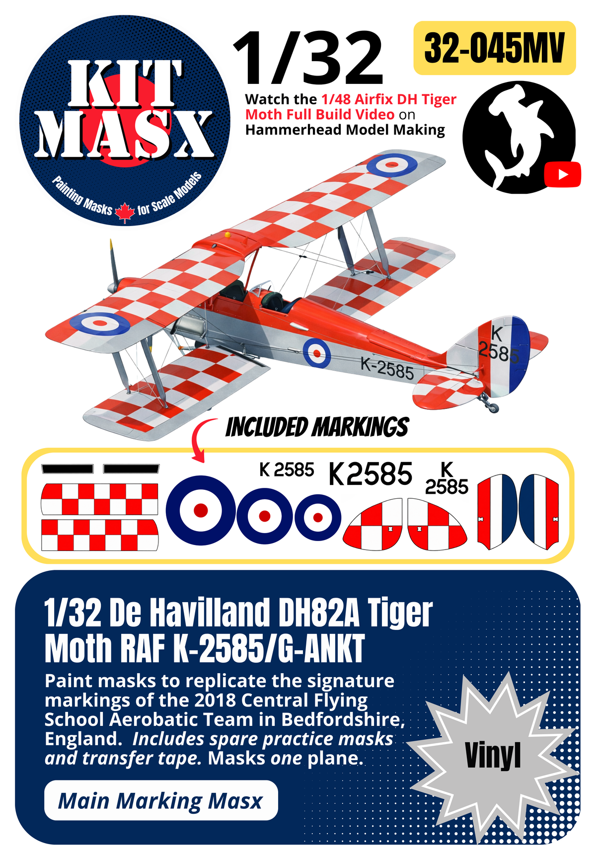 De Havilland DH82A Tiger Moth RAF K-2585/G-ANKT 1/32 Main Marking Paint Masks (32045M)
