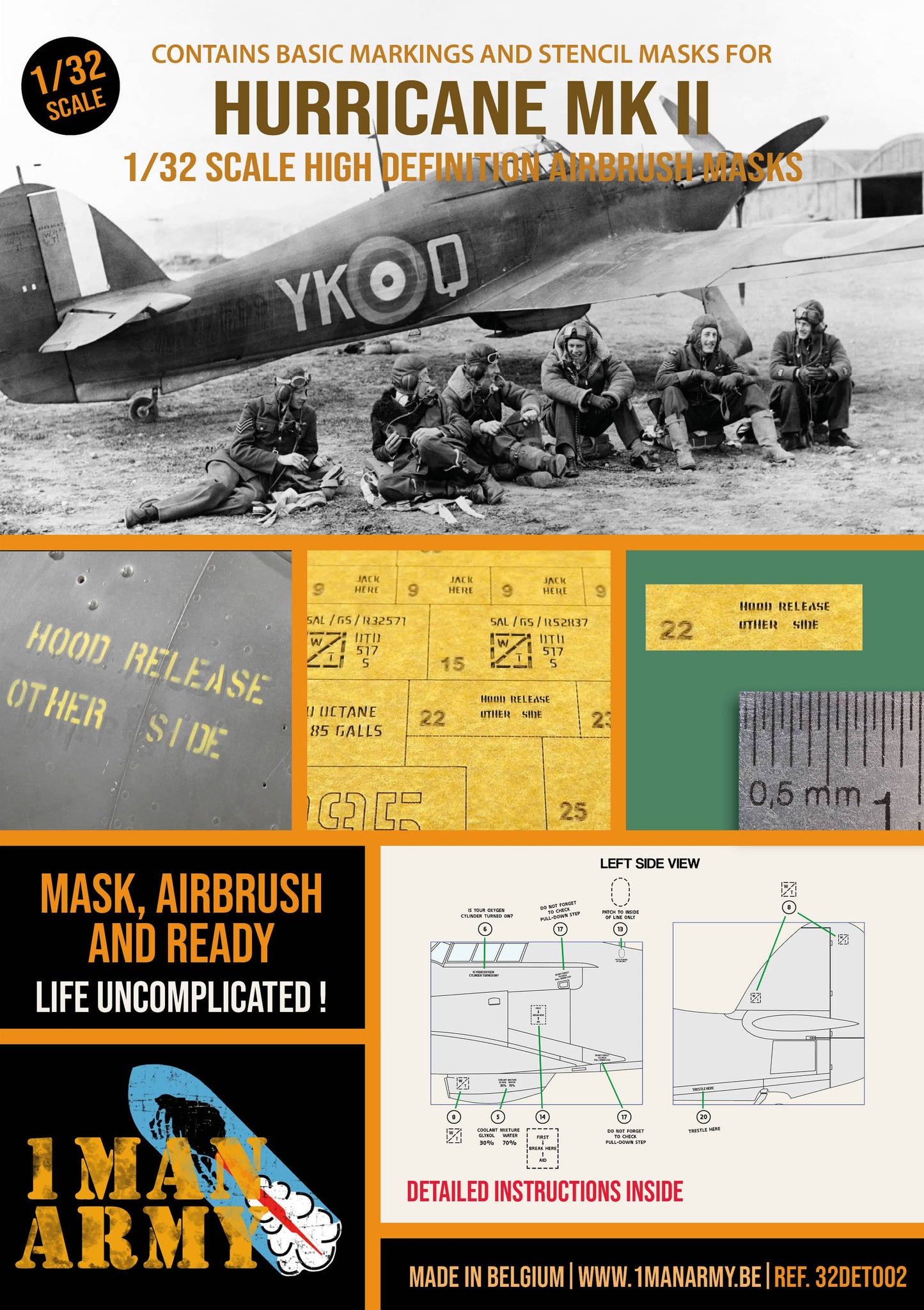 1ManArmy Hurricane Mk.II 1/32 Basic Markings & Stencil High-Definition Paint Masks, 32DET002