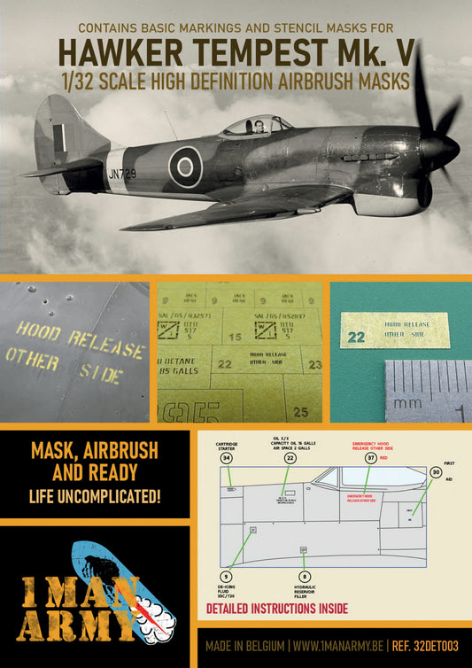 1ManArmy Hawker Tempest Mk. V 1/32 Basic Markings & Stencil High-Definition Paint Masks, 32DET003