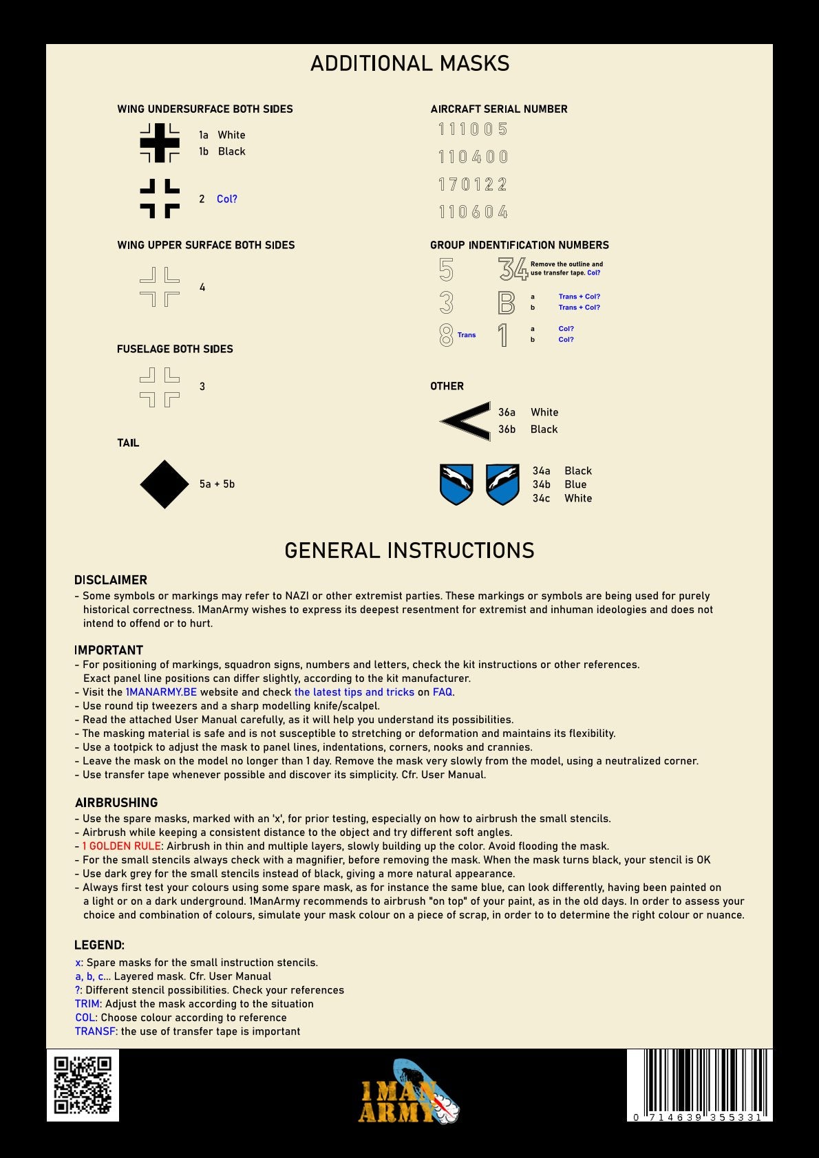 Messerschmitt 262 A1-A2 1/32 Basic Markings & Stencil High-Definition Paint Masks, 32DET004