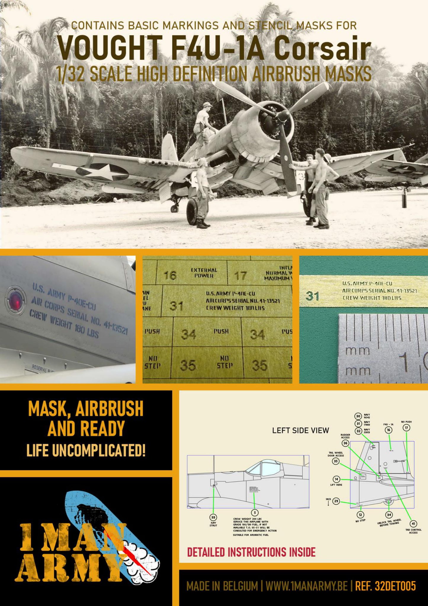 Vought F4U-1A Corsair 1/32 Basic Markings & Stencil High Definition Paint Masks, 32DET005