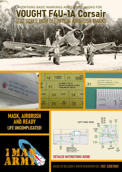 Vought F4U-1A Corsair 1/32 Basic Markings & Stencil High Definition Paint Masks, 32DET005