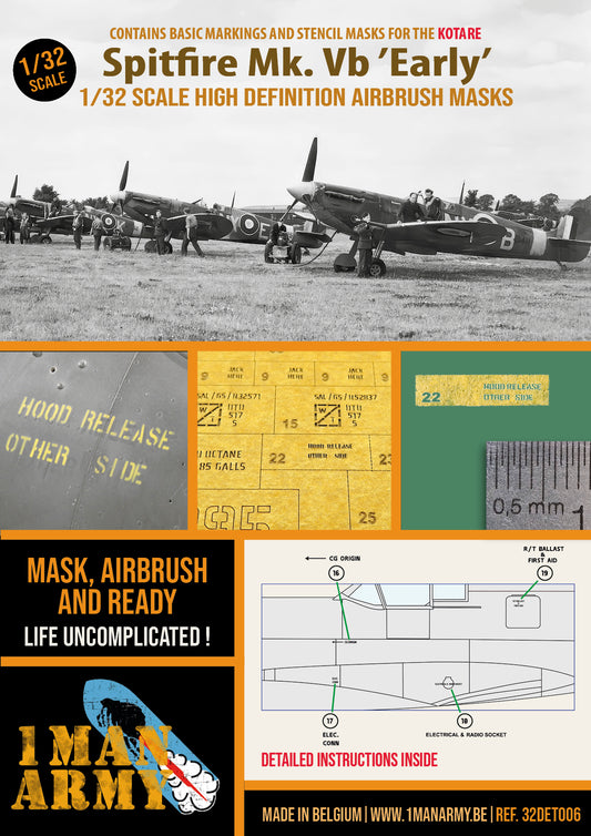 1ManArmy Kotare Spitfire Mk.Vb 'Early' 1/32 Basic Markings & Stencil High Definition Paint Masks, 32DET006