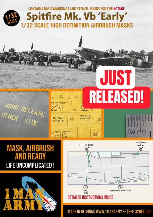1ManArmy Kotare Spitfire Mk.Vb 'Early' 1/32 Basic Markings & Stencil High Definition Paint Masks, 32DET006